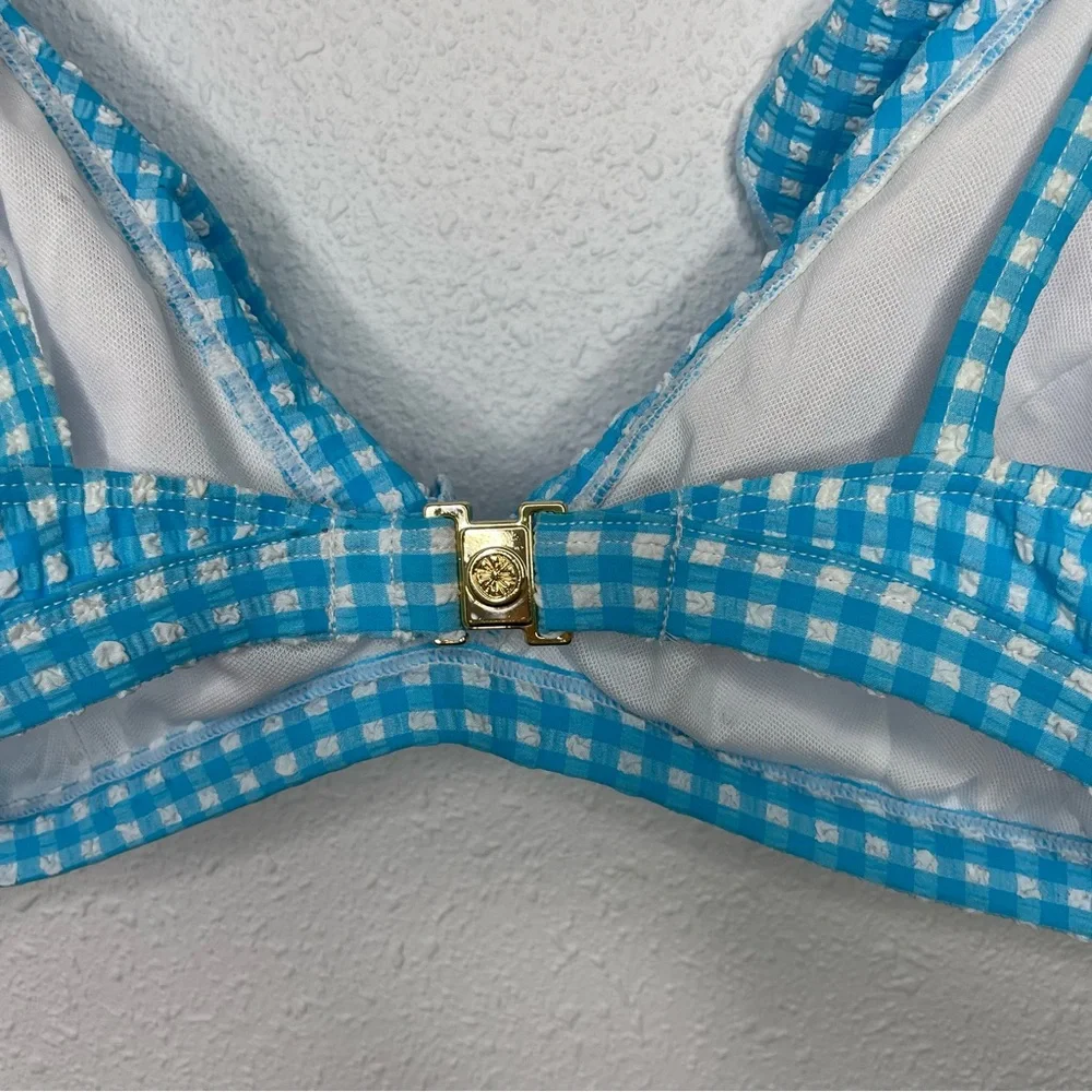 New Lilly Pulitzer Aelin Bikini Swim Top in Crinkle Turquoise Blue Oasis Gingham